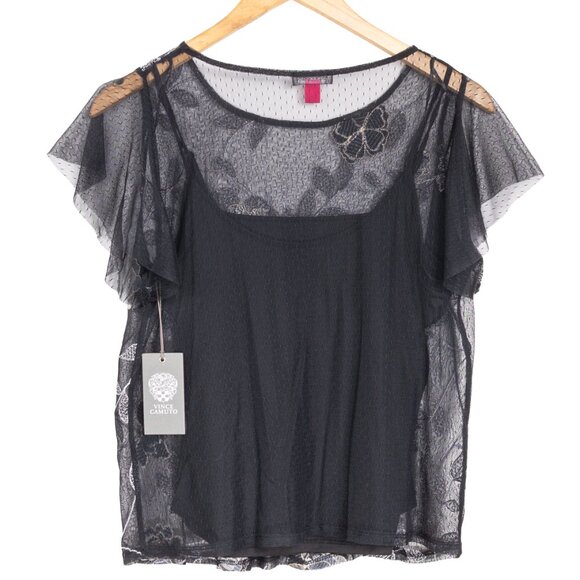 Vince Camuto Black Sheer Embroidered Floral Flutter Short Sleeve Blouse XS - Picture 2 of 6
